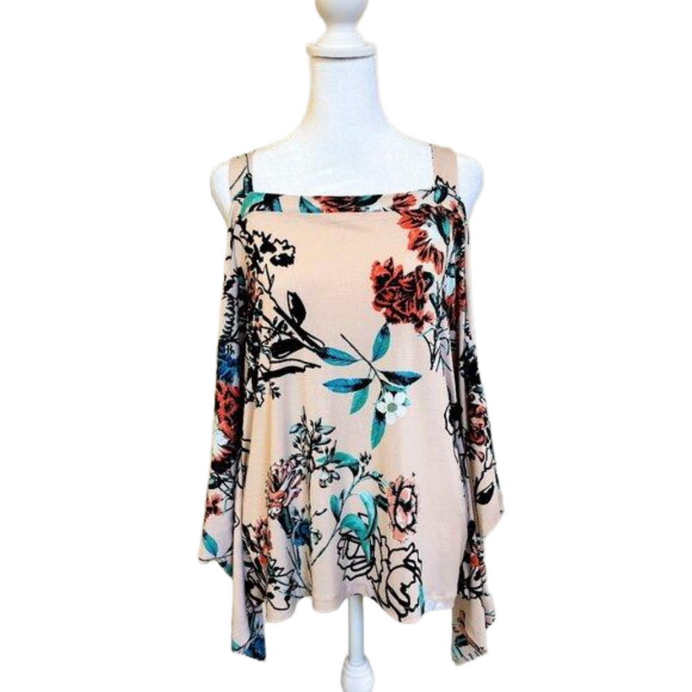 ECI Pink Floral pattern Blouse, wide straps, cut outs, flowing look, size Medium